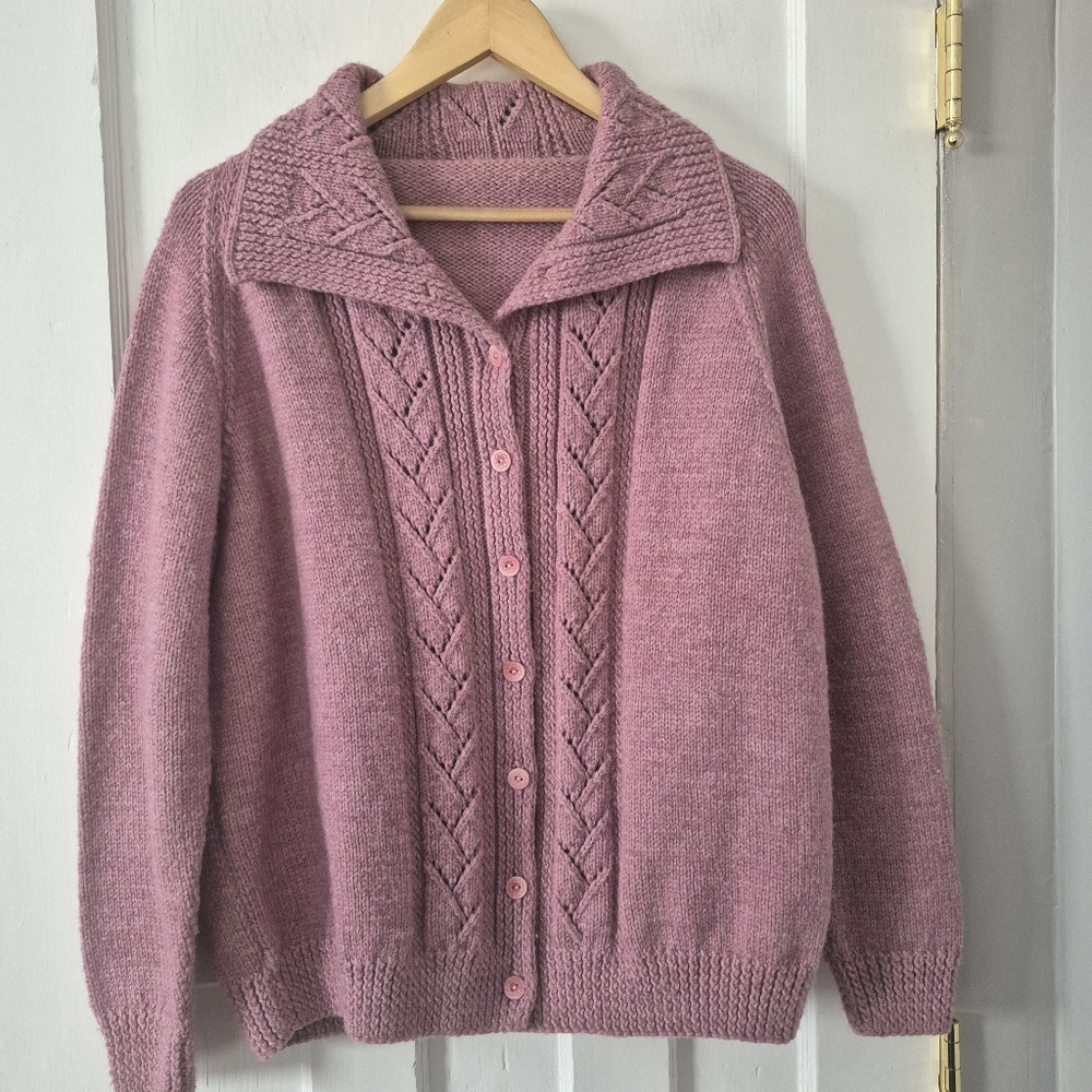 Hand Knit Chunky Buttoned Cardigan Sweater Dusty Rose Sz L